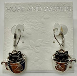 Cat in silver tea cup lever back earring LA3032