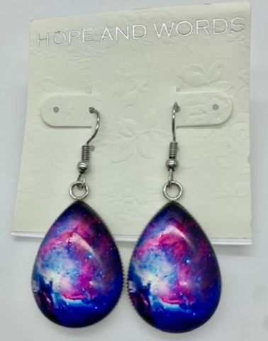 Galaxy purple teardrop wire earring glass