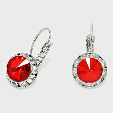 Austrian Crystal Round Drop Earring Red Light Siam #20 Lever Back, French Back